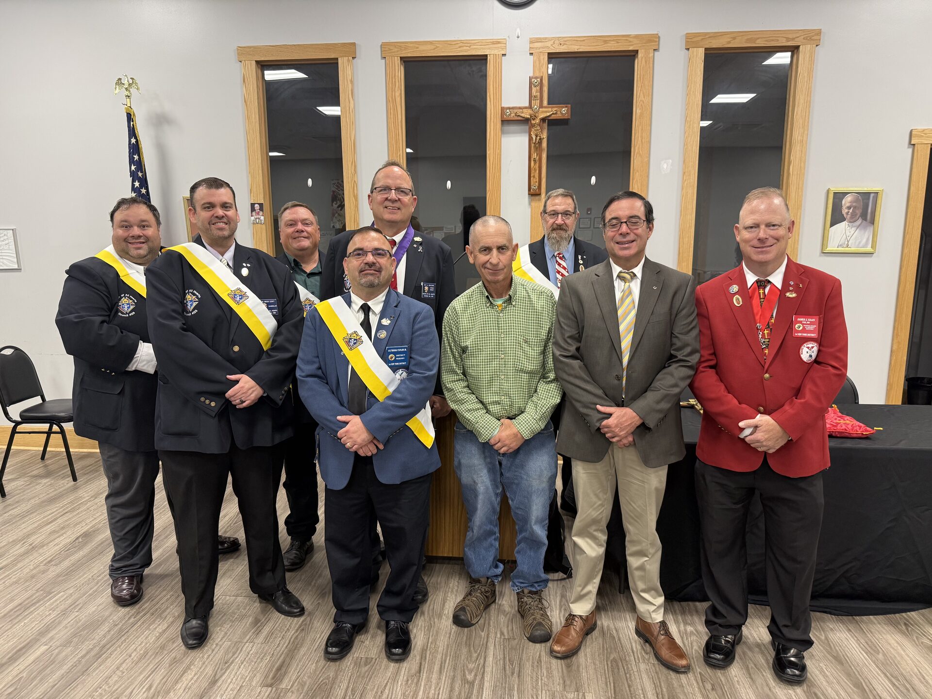 Brother Knights with new members Mark and Vinny after the 3rd Degree exemplification on September 17, 2026